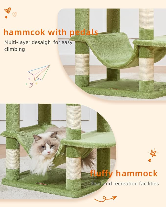 Taoqimiao Cat Tree, 61-Inch Cat Tower for Indoor Cats, Plush Multi-Level Cat Condo with 5 Scratching Posts, 2 Perches, 2 Caves, Hammock, 2 Pompoms, MS013SGR Green