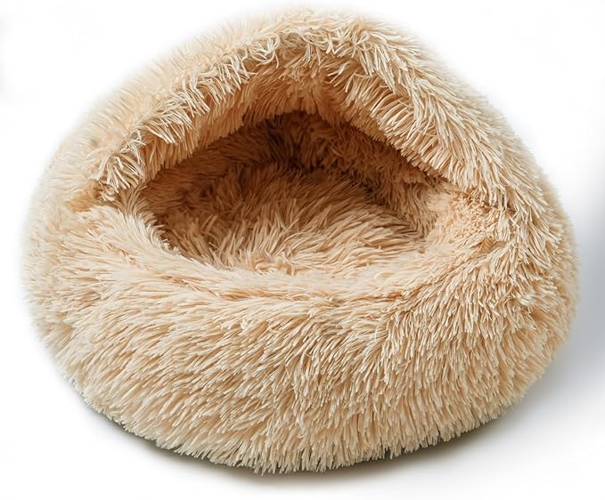 Cat Bed Calming Cat Beds,Indoor Washable Cat Bed,Anti-Slip Faux Fur Fluffy Cuddler Anxiety Cat Bed,Warming Cuddler Cushion Bed for Small Medium Dogs and Cats (Apricot Color, 24 * 24inch)