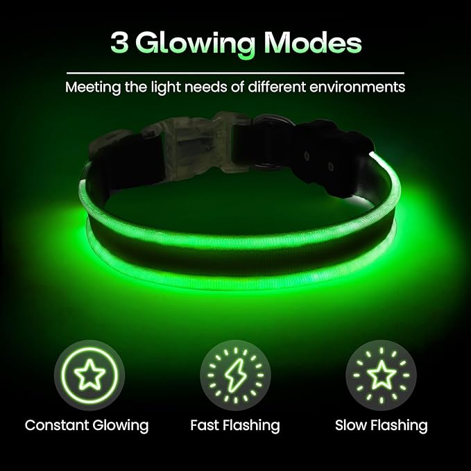 PcEoTllar Light up Dog Collars Rechargeable, LED Dog Collar Night Walking, Waterproof Flashing Glow in The Dark Dog Collars, Adjustable Dog Lights for Large Small Medium Dogs Green-s