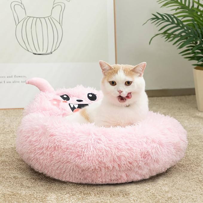 Hollypet Self-Warming Donut Pet Bed Luxury Cozy Nest Monster Sleeping Bed Round Faux Fur Bed for Cats, Pink