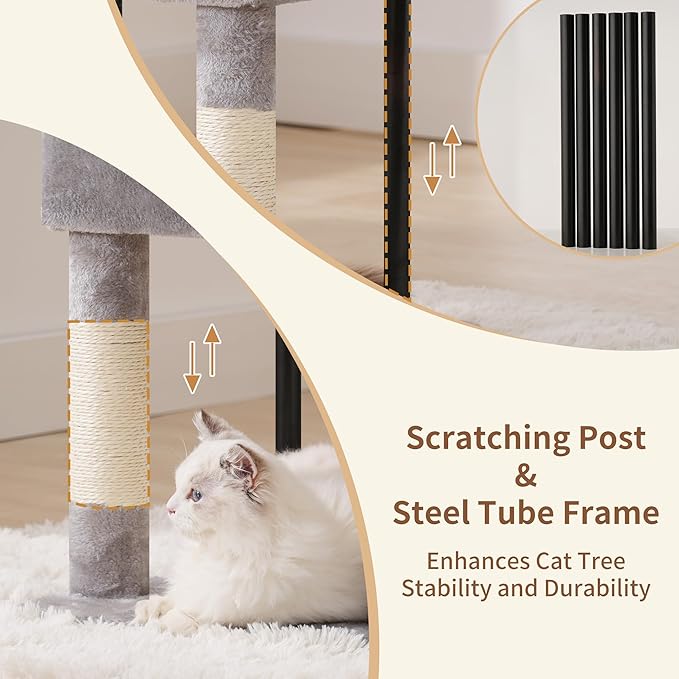 Heybly Cat Tree, 49.2 Inches Cat Tower for Indoor Cats, Spacious Cat House Condo with Hidden Space,Sturdy Steel Tube,Soft Plush Top Perch,Cozy Hammock and Sisal Scratching Posts, Light Gray HCT200SW