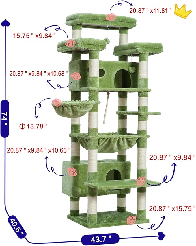 Cat Tree for Indoor Cats Large Adult, 74" Cat Tower with 3 Big Platforms, 2 Baskets, 2 Condos, Multi-Level Cat Scratching Posts, Green GCT030GR