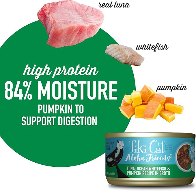 Tiki Cat Aloha Friends, Tuna, Ocean Whitefish & Pumpkin, Grain-Free & High Moisture, Wet Cat Food for All Life Stages 3 oz. Can (12 Count)
