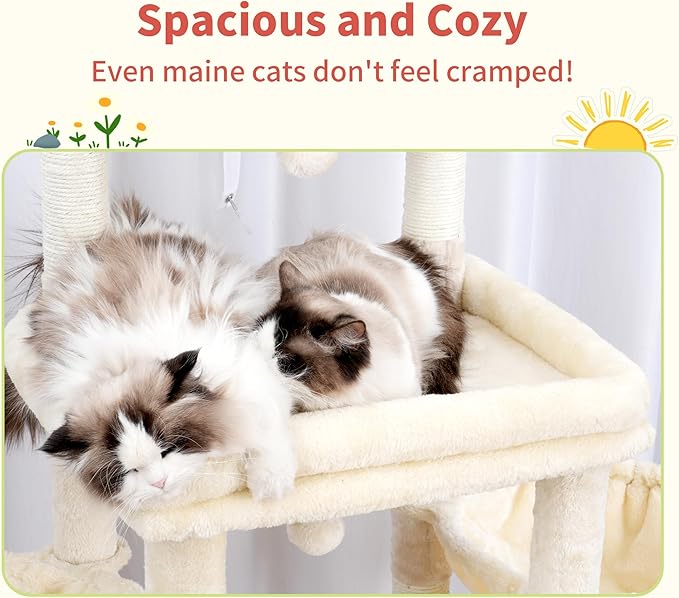 Hey-brother Cat Tree Tower, Scratching Posts with Extra Large Platform, Specious Condo, 2 Cozy Hammocks, Self-Grooming Brush for Indoor Adult Cats, Maine Coon 51.1 inches, Beige MPJ070M