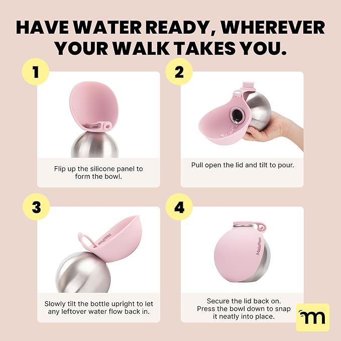 Malsipree 2-in-1 Portable Dog Water Bottle & Bowl for Small Dogs - Leak Proof & Insulating - Travel Water Dispenser - Stainless Steel Bottle & Silicone Bowl - Walking & Hiking (10 fl oz, Pink)