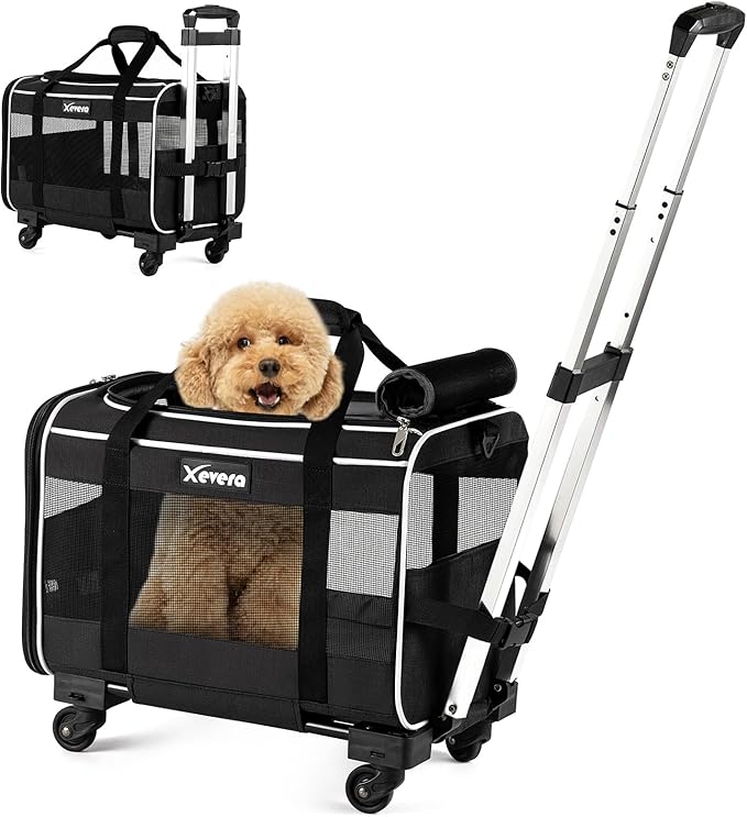 Cat Dog Carrier with Wheels Rolling Pet Carrier with Telescopic Handle, Shoulder Strap and Pet Bowl, Black