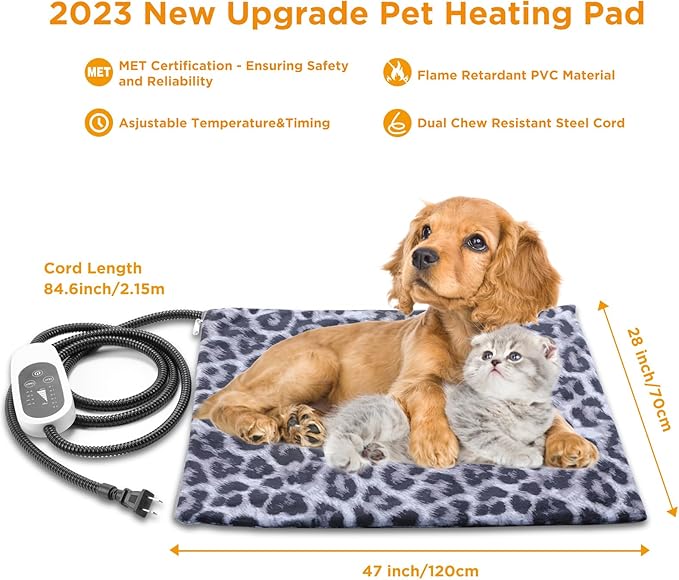 Tikaton MET Certified Pet Heating Pad, 2024 New Upgrade Heated Cat Bed Indoor with Auto Shut Off Timer, 6 Temperature Adjustable Pet Heating Pads (XL: 47" x 28", BlackLeopard)