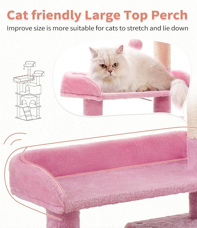 Made4Pets Cat Tree Tower 56" Cat Tower for Indoor Cats Kitten Tree Multi-Level Cat Tree with 2 Condo Furniture Activity Center with Scratching Posts Funny Toys (Pink)