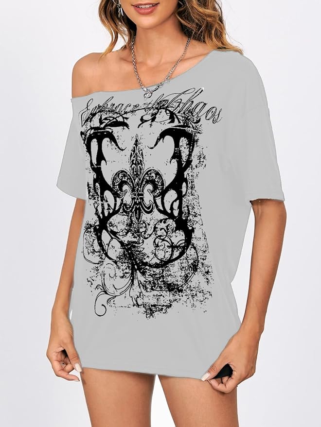 SOLY HUX Women's Off The Shoulder Tops Graphic Tees Y2k Vintage Gothic Oversized T Shirts Streetwear