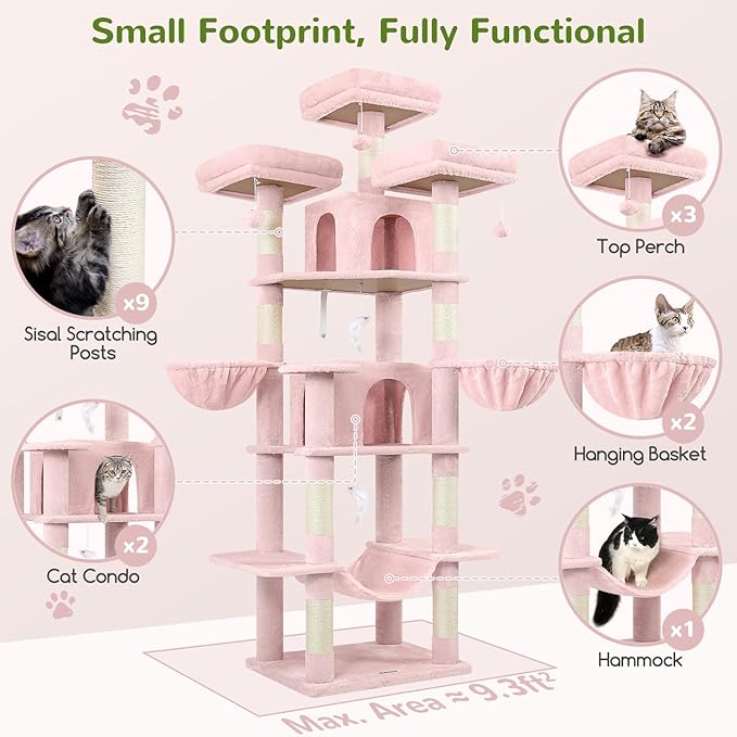 Globlazer Big Pink Cat Tower for Indoor Cats, 80inch Cat Tower for Multiple Adult Cats XXL Cat Tree with Scratching Post, Hammock, 3 Perches, 2 Condos, 2 Hanging Basket, F80, Pink