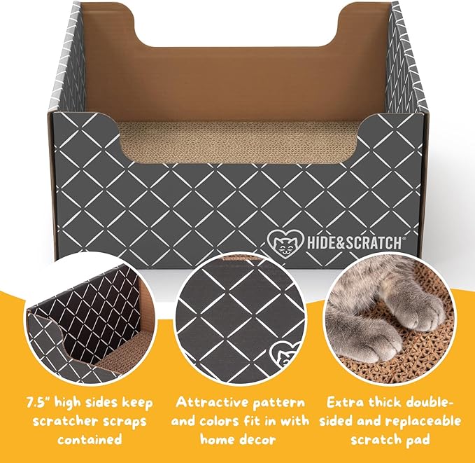 Hide & Scratch Heavy Duty Cardboard Cat Scratcher Box and Cat Bed with Refillable Double-Sided Cardboard Scratch Pad for Indoor Cats (2 Cat Pack (Dark Grey)
