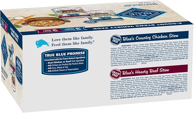 Blue Buffalo Blue's Stew Natural Wet Dog Food, Made with Natural Ingredients, Hearty Beef and Country Chicken Variety Pack, 12.5-oz. Cans, 6 Count