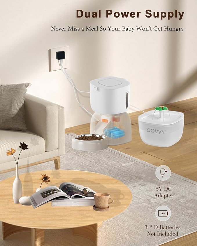 Automatic Pet Feeder and Water Dispenser, LCD Screen Timer for Cats & Dogs, Locking Lid, 1-4 Meal Portions, Dual Power, Voice Recorder