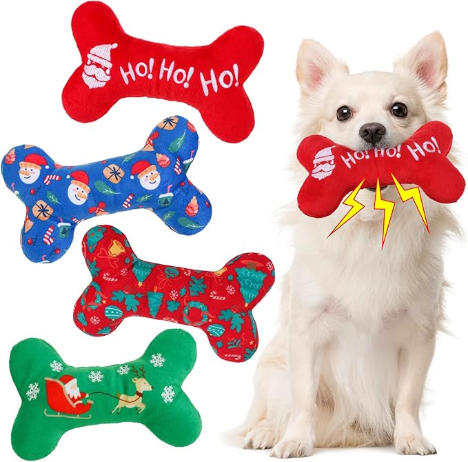 SCENEREAL Christmas Dog Toy Pack 4, Durable Cute Interactive Dog Stuffed Plush Squeaky Toys with Squeaker, Pet Chew Toys for Small Medium Dogs Puppies Bone Shape