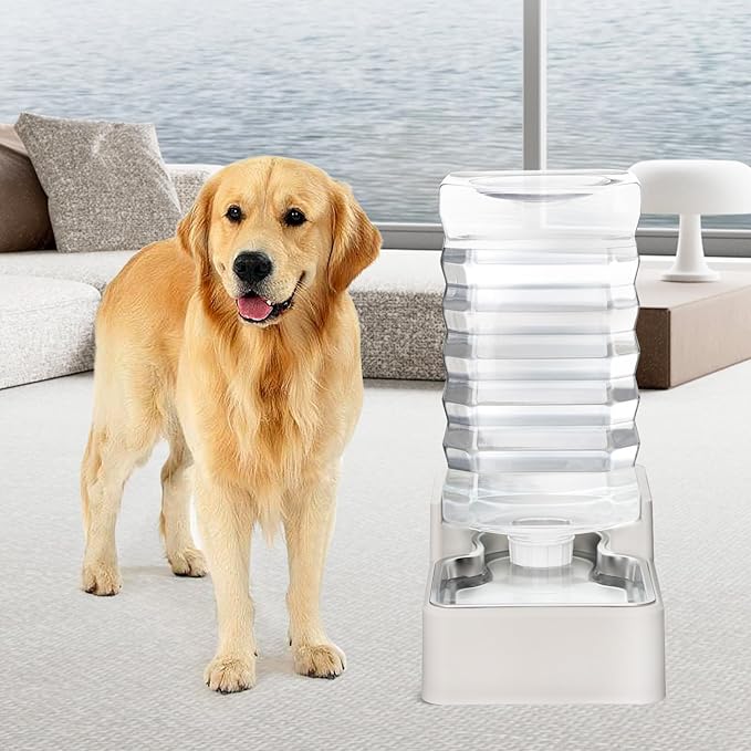 RIZZARI Stainless Steel Pet Water Feeder: 9L Automatic Leak-Proof Gravity Dispenser for Cats Dogs Indoor Outdoor Use(Beige Without Filter,9L)