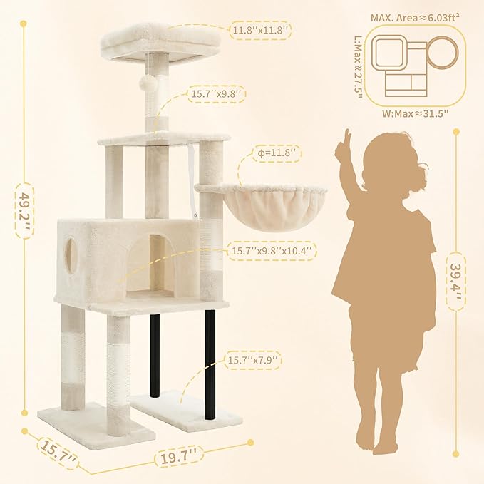 Heybly Cat Tree, 49.2 Inches Cat Tower for Indoor Cats, Spacious Cat House Condo with Hidden Space,Sturdy Steel Tube,Soft Plush Top Perch,Cozy Hammock and Sisal Scratching Posts, Beige HCT200SM