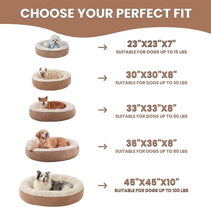 36 inches Donut Dog Bed for Large Dogs - Calming Round Pet Bed with Removable&Washable Cover, Plush Faux Fur & Corduroy, Fits Pets up to 80 lbs(Brown,Large)