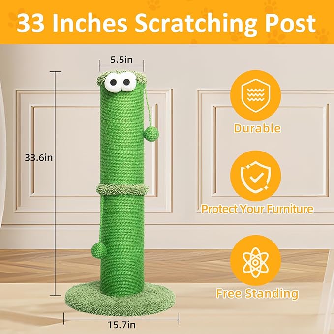 Nekosan Cat Scratching Post - 34-Inch Tall Indoor Cat Scratcher with 5.5-Inch Sisal-Wrapped Post, Hanging Ball Toy, Ideal for Large Cats and Kittens, Furniture-Friendly, Vibrant Green