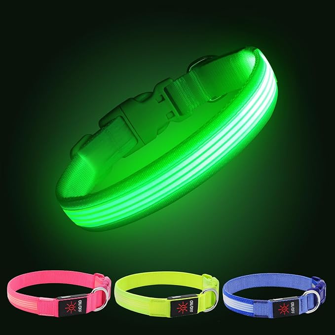 YFbrite Light up Dog Collar, USB Rechargeable LED Puppy Collar Super Bright Adjustable Glowing Dog Lights for Night Walking (Design 2-Green, Large)