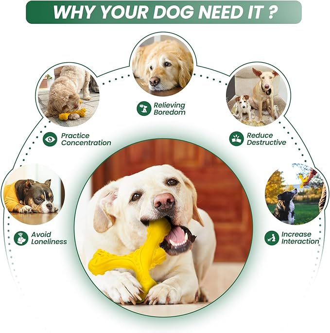 Dog Chew Toys for Aggressive Chewers Large Breed,Indestructible Bones Toy,Durable Cleaning Toothbrush Natural Rubber Dog Toys… (Yellow)