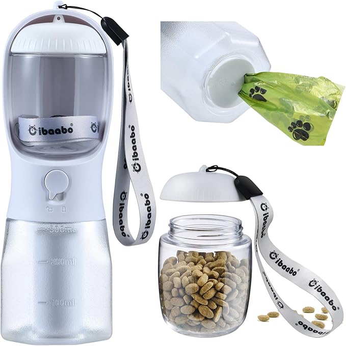 Dog Water Bottle with Food Container & Poop Bag Holder, Travel Water Bowl, Portable Pet Dispenser, Dog Stuff Accessories Items, Puppy Essentials Necessities for Yorkie Chihuahua Walking Hiking