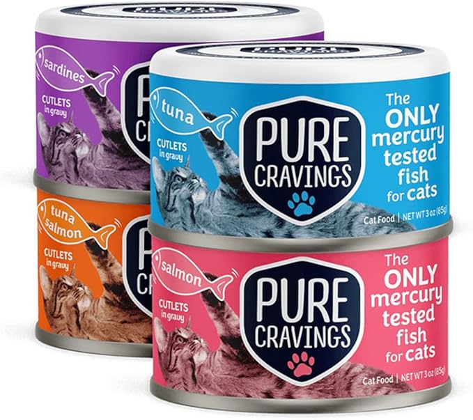 Wet Cat Food Variety Pack Tuna, Salmon, Sardines, Tuna/Salmon in Gravy, 100% Mercury-Tested, Moist Can Fish for Cats, Grain-Free, Protein, Non-GMO, Pack of 12
