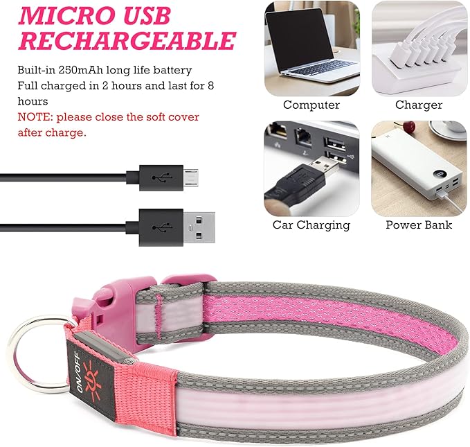 Light up Dog Collars- USB Rechargeable LED Dog Collar, Full Illuminated and Adjustable Dog Collar Light, Three Colors and Three Sizes for Small, Medium, Large Dogs (Medium, Pink-2)