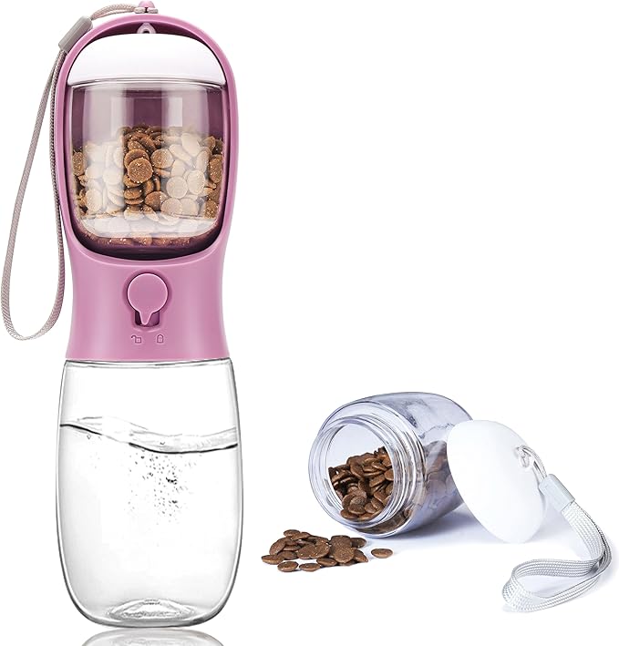 Portable Dog Water Bottle with Food Container,15oz Leak-Proof Pet Water Dispenser for Dogs, Cats, Puppies,Built-in Activated Carbon Filter for Travel,Hiking, Walking,and Outdoor Activities