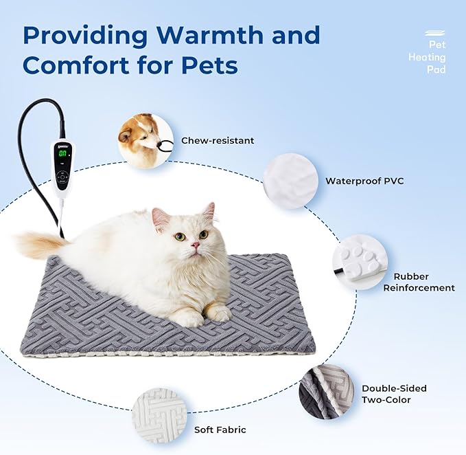 Cat Heating Pad - 11 Adjustable Temperature and 25 Timer Options, Heated Cat Bed Indoor Waterproof with Chew-Resistant Cord for Small Dogs, 17.5x14 Inch