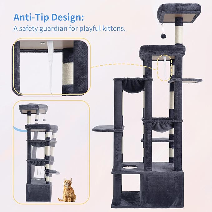 Heybly Heavy Duty Cat Tree, 71-Inch Tall Tower for Large Maine Coon with Extra-Large Baseboard, Cat Condo Furniture with Multi-Level Platforms, 2 Hammocks and 12 Scratching Posts, Smoky Gray HCT037G