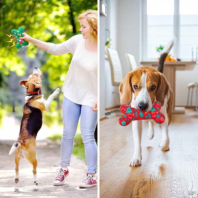 SCENEREAL Christmas Dog Toy Pack 4, Durable Cute Interactive Dog Stuffed Plush Squeaky Toys with Squeaker, Pet Chew Toys for Small Medium Dogs Puppies Bone Shape
