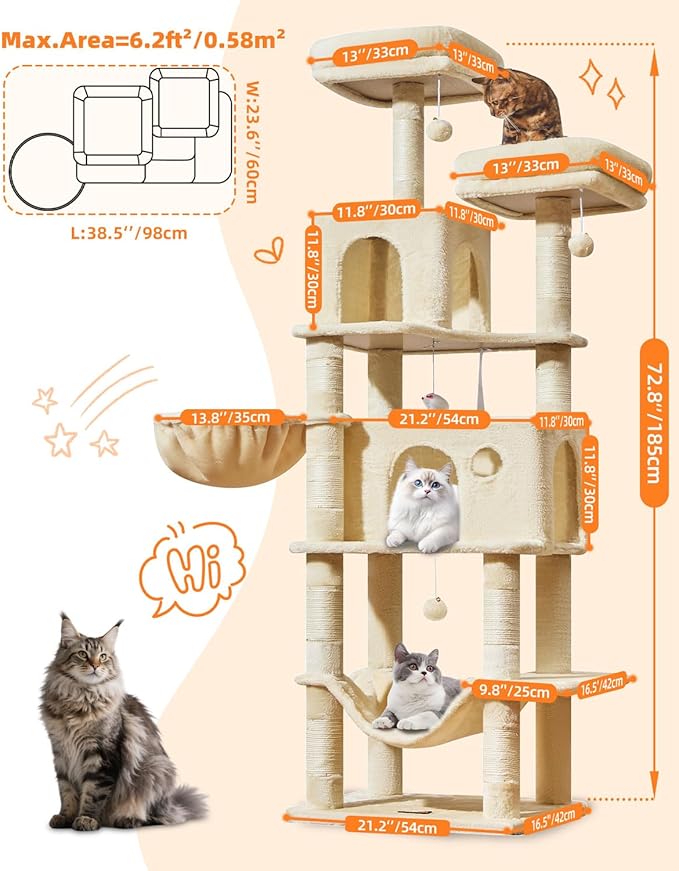 Taoqimiao Large Cat Tree,73-Inch Cat Tree Tower with 9 Scratching Posts for Indoor Cats, 2 Large Cat Condo with Hammock, Hanging Basket, 2 Extended Platform, Beige MS013XLM