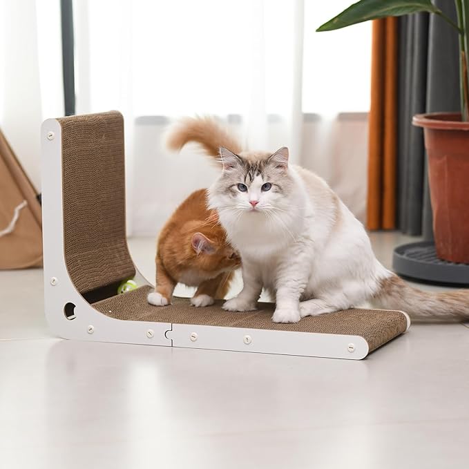 Cat Scratcher Cat Claw Board L-Shaped Vertical Simple and Durable Cat Claw Board Not Easy to Drop Scraps Belt Bell Ball Cat Scratching Board(White)