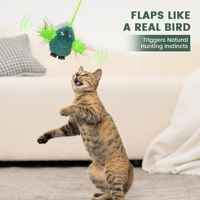 Gardner Pet Cat Toys Flapping Bird (No Flying),Touch Activated with Realistic Flapping Wings and Chirping Bird,Hangable Flying Kitten Interactive Toy,USB Rechargeable Indoor Kitty Exercise Toys,Green
