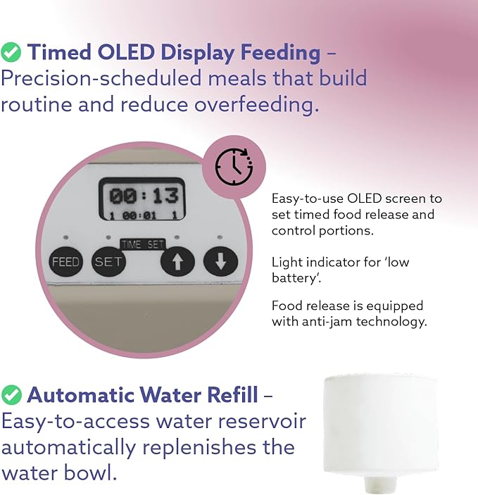 Automatic Dog & Cat Food Feeder with Water Dispenser – Smart Pet Feeder with Portion Control, OLED Display, Anti Jam Design, Battery Operated Dispenser for Small Pets - Taupe