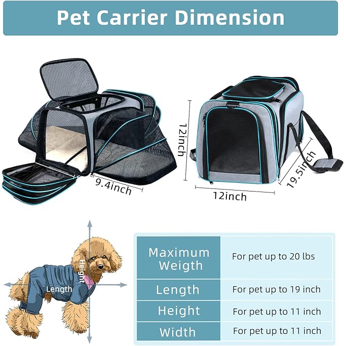Cat/Dog Airline Approved Expandable Pet Carrier for Small Pets - Removable Pad, Pockets, TSA Compliant