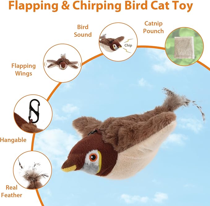SKIPDAWG PETGEEK Flapping & Chirping Bird Cat Toy for Indoor Cats with Catnip, USB Rechargeable Motion Activated, Interactive Beating Wings Cat Toy, Hanging Flapping Bird for Cats (No Fly)