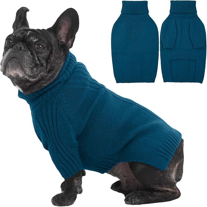 IECOii Dog Sweaters For Medium Dogs Girl Boy,Holiday Knit Doggy Sweatshirt with Sleeve,Turtleneck Thick Warm Dog Sweaters for Winter,Pullover Knitwear for French Bulldog,Boston Terrier(Peacock Blue,L)