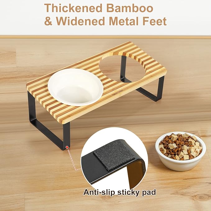 Sunhoo Ceramic Elevated Cat Bowls Raised Puppy Dishes for Food and Water Tilted Wooden Stand for Indoor Cats 5.5 inch Wide Double Dish Orthopedic Reduces Vomiting (Yellow&Brown)