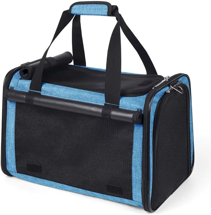 YUDODO 25 lbs Lightproof Airline Approved Cat Small Dog Carrier for Travel Bag Soft Sided Pet Puppy Carriers with Side Pockets & Reflective Mesh, Foldable Portable for Outdoor Car Large Lake Blue