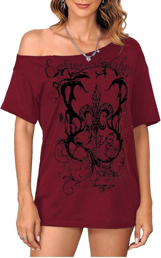 SOLY HUX Women's Off The Shoulder Tops Graphic Tees Y2k Vintage Gothic Oversized T Shirts Streetwear