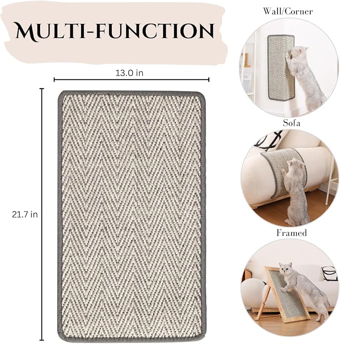 Boho Sisal Cat Scratcher Mat with Adhesive Strips (Scratch Protector for Carpet, Sofa, Wall, Corner Furniture), Durable and Shedding-Resistant Cat Scratching Surface (13x21.7 inch, Fishbone)