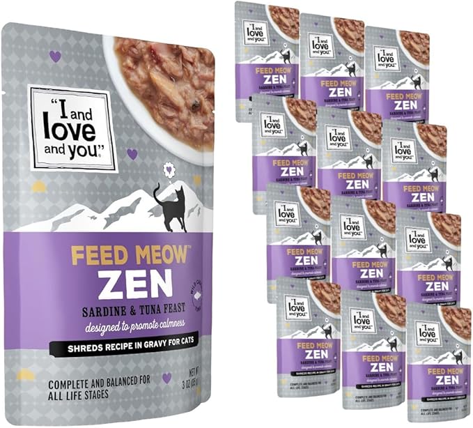 I AND LOVE AND YOU Feed Meow Zen Wet Cat Food - Sardine + Tuna - Mood Support, Grain Free, Shredded, 3oz Pack of 12