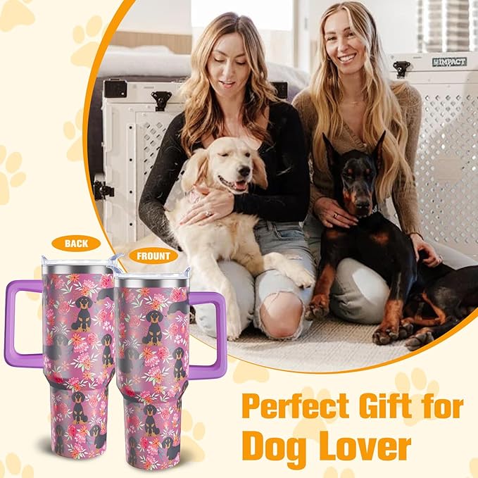 Dachshund Gifts for Women Dog Lovers 40 oz Floral Weiner Dog Tumblers with Handle and Straw, Stainless Steel Vacuum Insulated Travel Coffee Mug Cup Water Bottle