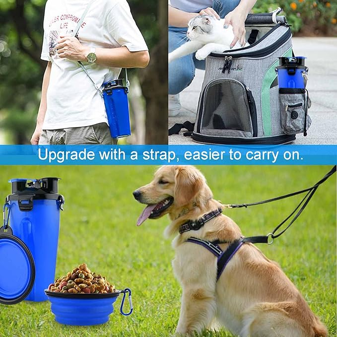 Dog Travel Water Bottle Collapsible Bowls, 2 in 1 Pet Food Container with Collapse Bowls, Outdoor Portable Water Bowls for Walking, Traveling, Camping and Hiking (Blue)