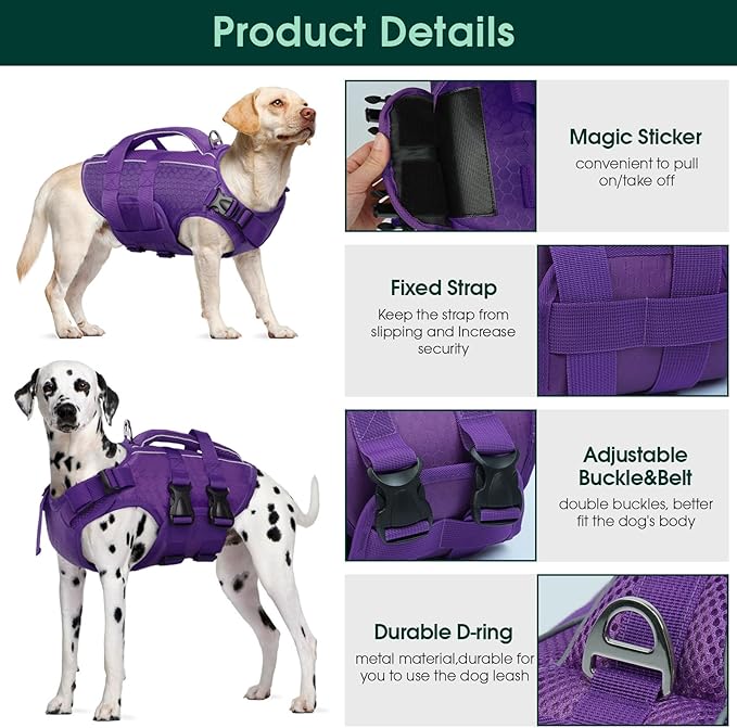 Kuoser Dog Life Jacket High Flotation, Reflective Dogs Life Vest for Swimming Boating, Adjustable Small Medium Large Dog lifejacket, Lightweight Dogs Life Preserver Rescue Handle Spring Summer Pool