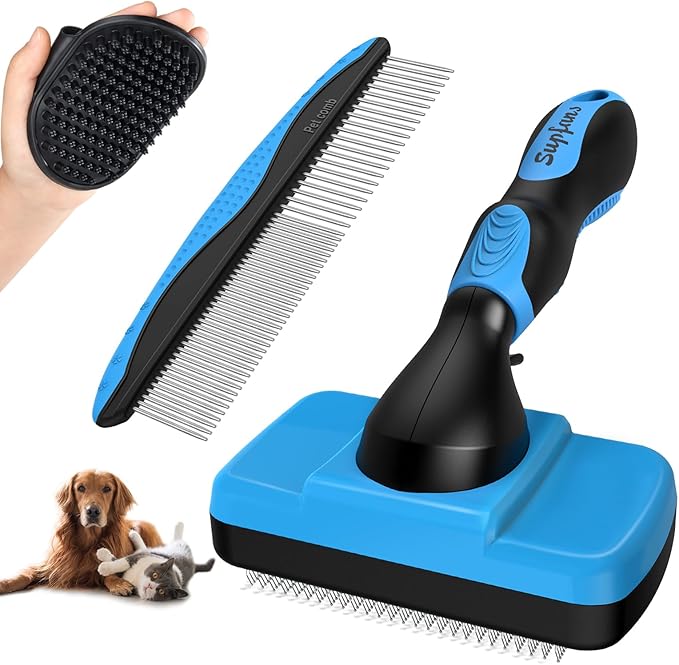 3PCS Dog Grooming Kit - Deshedding Brush, Slicker Brush, Bath Brush and Comb for Pet Supplies (Blue Black)