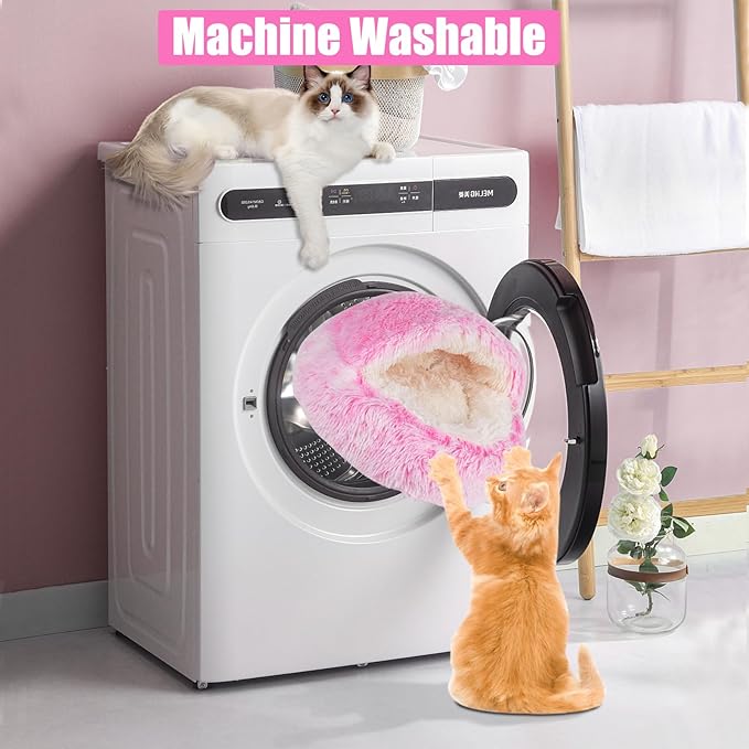 Cat Beds & Dog Bed with Cover Cave, Dog Beds for Small Dogs, Round Soft Plush Donut Calming Pet Bed for Indoor Cats or Small Dog, Washable Puppy Bed with Non-Slip Bottom-16inch