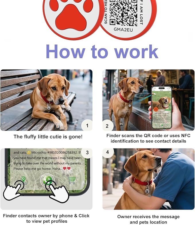 QR Code Cat Tag, Modifiable Pet Online Profile, Multiple Emergency Contact, Scannable QR Code, Instant Location Email Alert, Collar Accessories (Medium to Large Breeds - 1.25", Red)