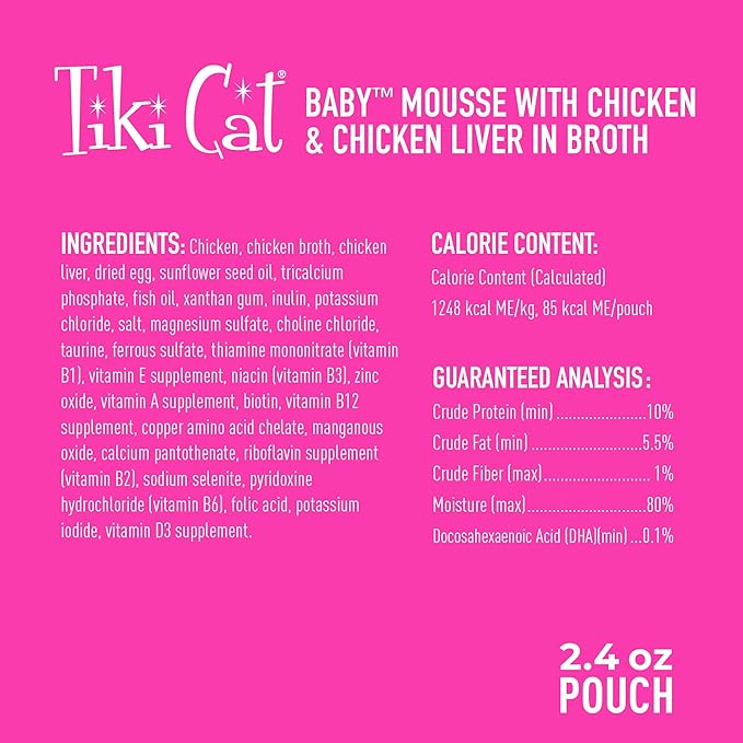 Tiki Cat Baby, Chicken and Chicken Liver, Grain-Free and Nutrient Rich, Wet Cat Food for Kittens 4 Weeks+, 2.4 oz. Pouch (Pack of 12)